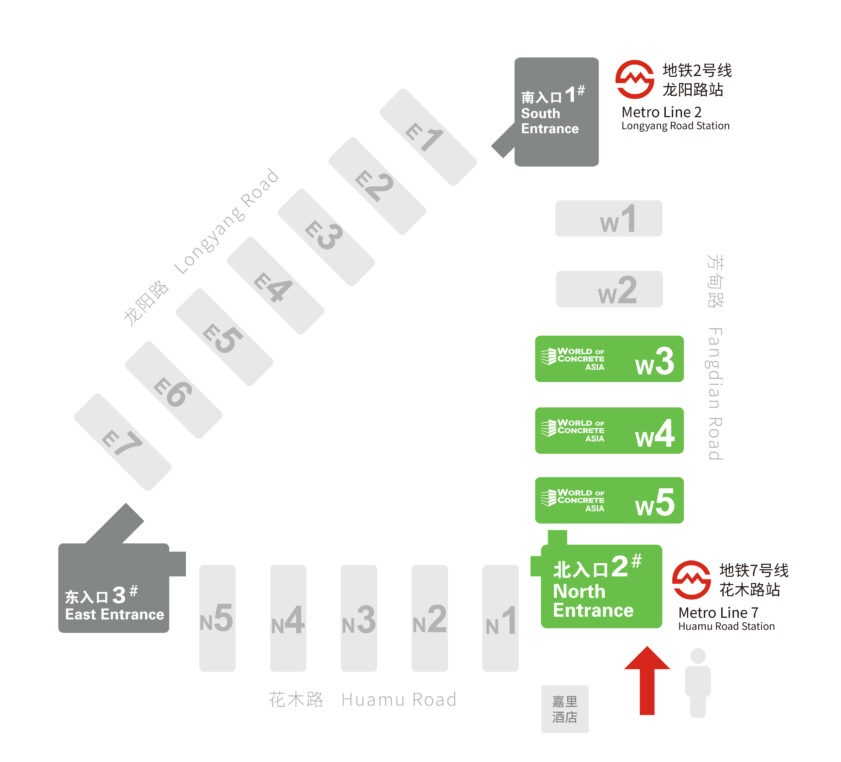 上海新国际博览中心展馆位置及地铁2号线、7号线线路示意图